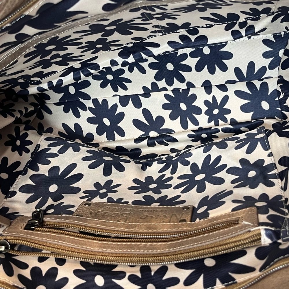 Nino Bossi Genuine Leather Taupe Tote Bag Floral Lined Shoulder Purse - Picture 7 of 11